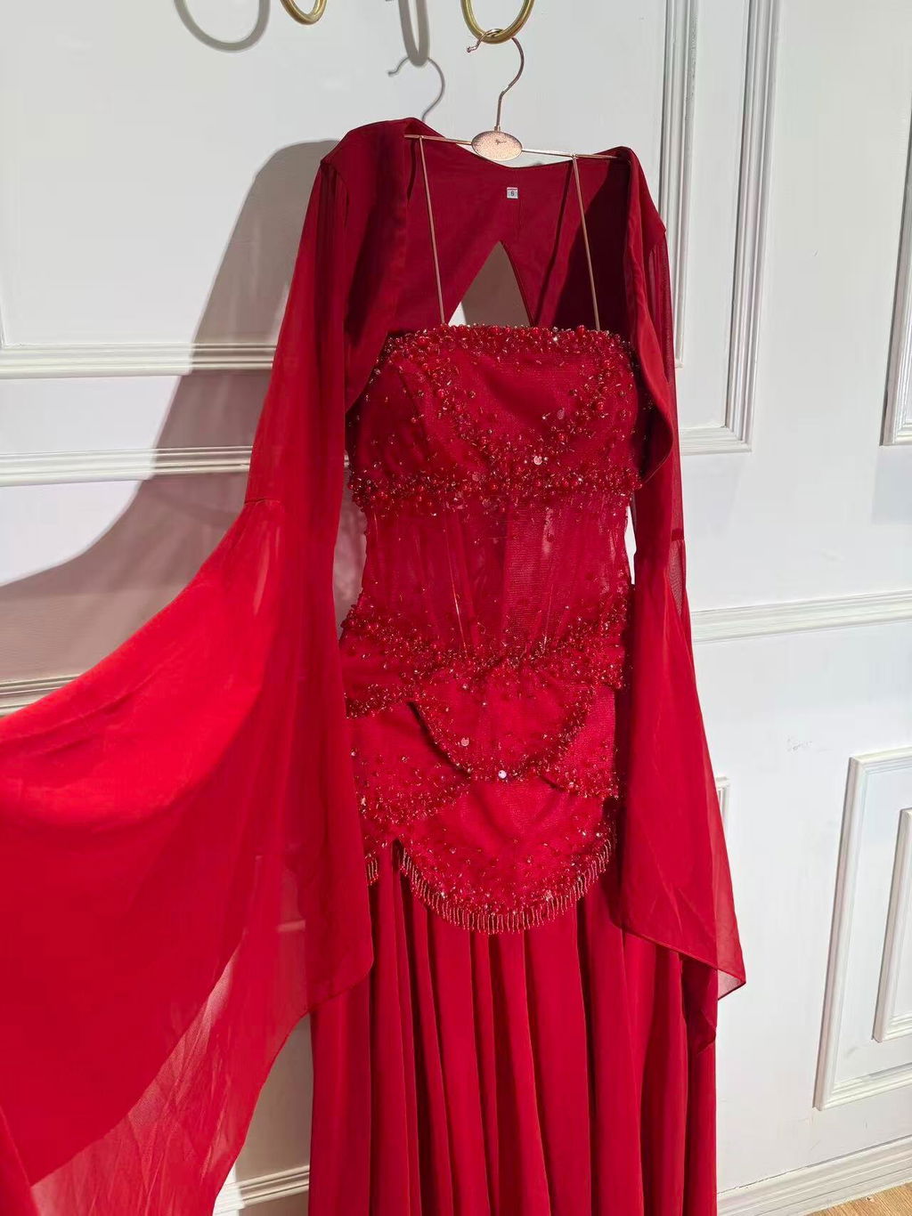 Luxury Pink Beaded A Line Dress with Chiffon Cape Sleeves LA72978B