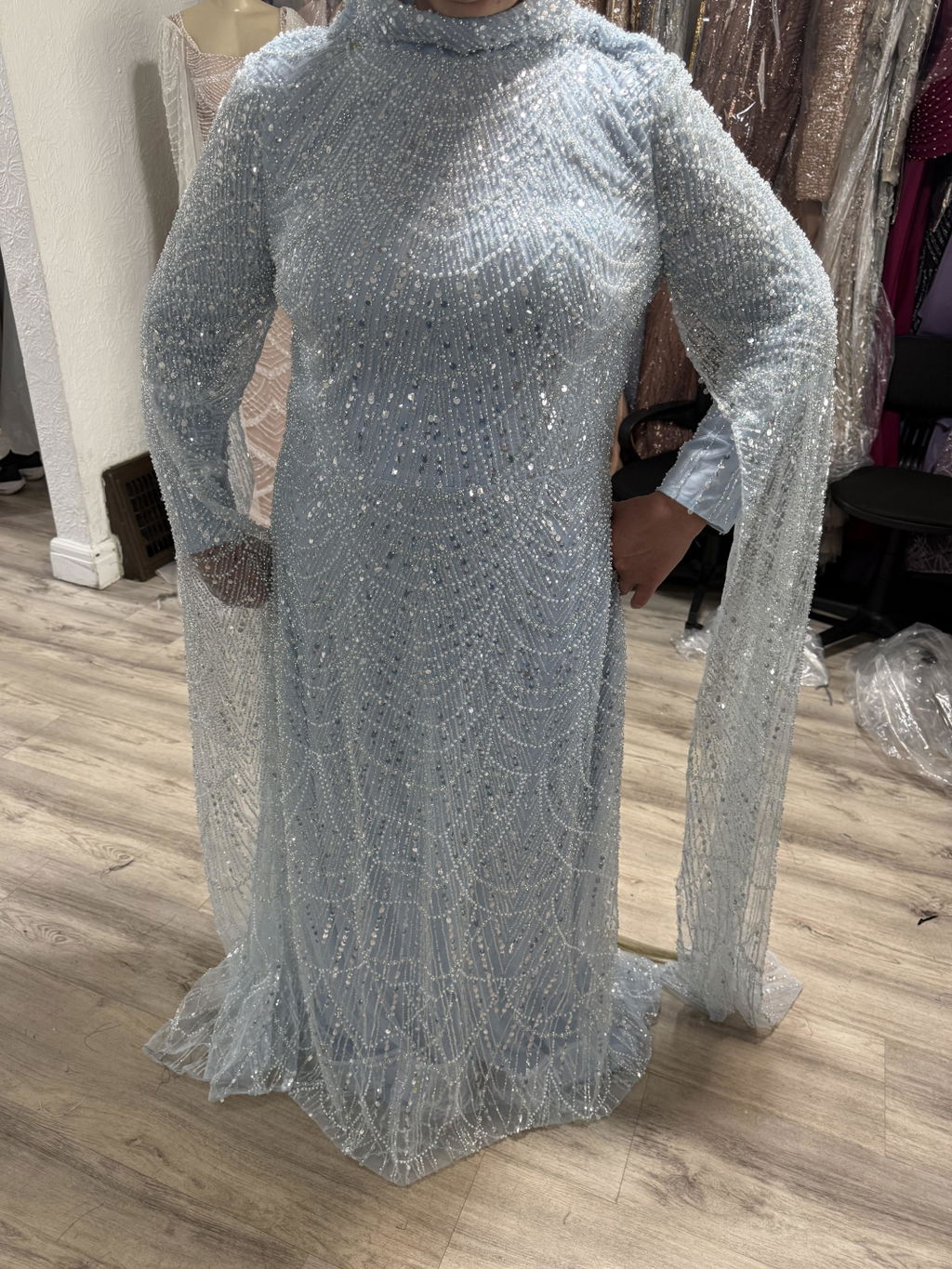 Luxury Dubai  Muslim Sage Green Pearls  Evening  Dress With Cape Plus Size LA72591