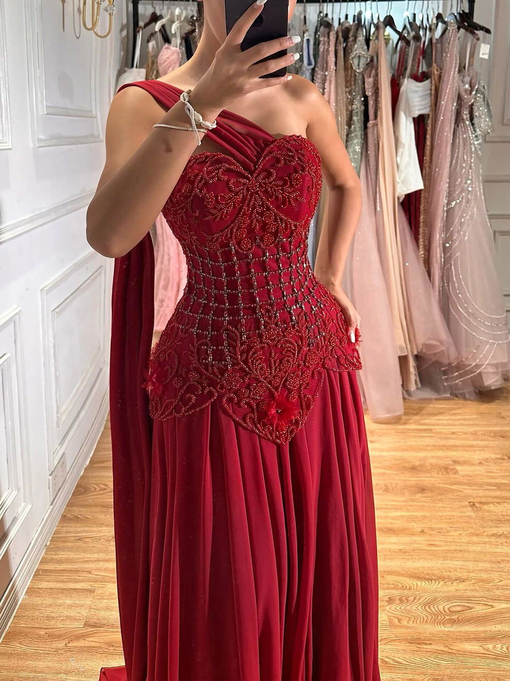 Luxury Pink Arabic Floral chiffon Evening Dress With Cape LA73451