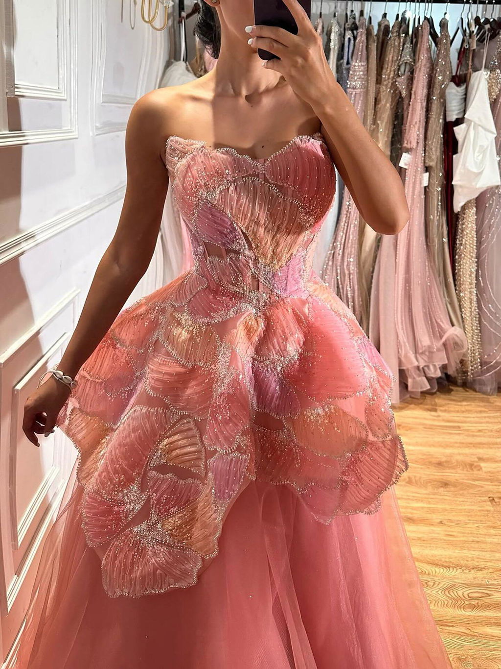 Luxury Peach Floral Appliqué A-Line Sparkly Evening Dress LA73185