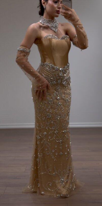 Luxury Beaded   Evening Dress Sheer Long Gloves LA72929