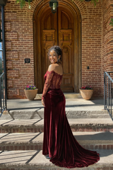 Wine Red Lace and Velvet Long Sleeves Mermaid Evening Dress SF056