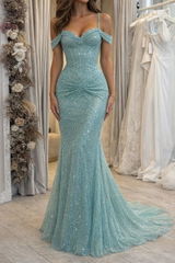 Light Blue Teal Sequin Mermaid Sleeveless Prom Dress SH553