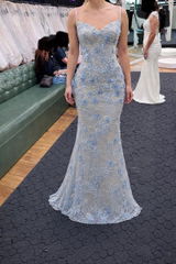 Blue Sequined Beaded Mermaid Sleeveless Prom Dress SF523