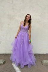 Luxury Lavender Purple Lace Deep V-Neck A-Line Prom Dress SH254
