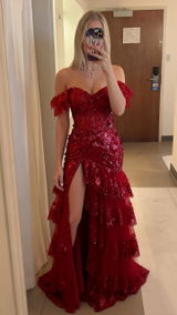 Off-Shoulder Ruffled Lace A-Line Prom Dress with High Slit and Sequins SH151