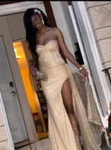 Long Mermaid Sweetheart Beaded Neckline High Split Sequin Prom Dresses