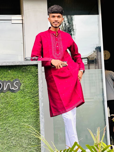 Elegant Silk Kurta pyjama set with Embroidery