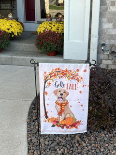 Hello Fall Labrador Dog Flag Maple Leaves Orange Pumpkin Autumn