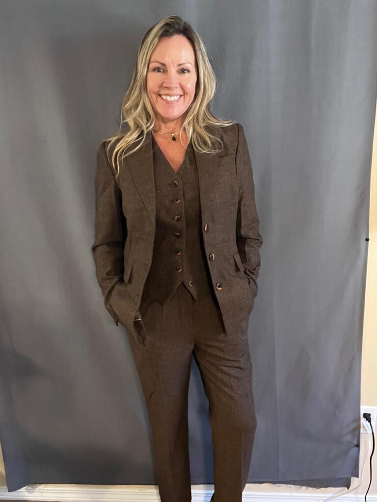 SoloveDress Women's 3 Piece Herringbone Tweed Suit Notch Lapel Single Button Pants Set (Blazer+Vest+Pants)