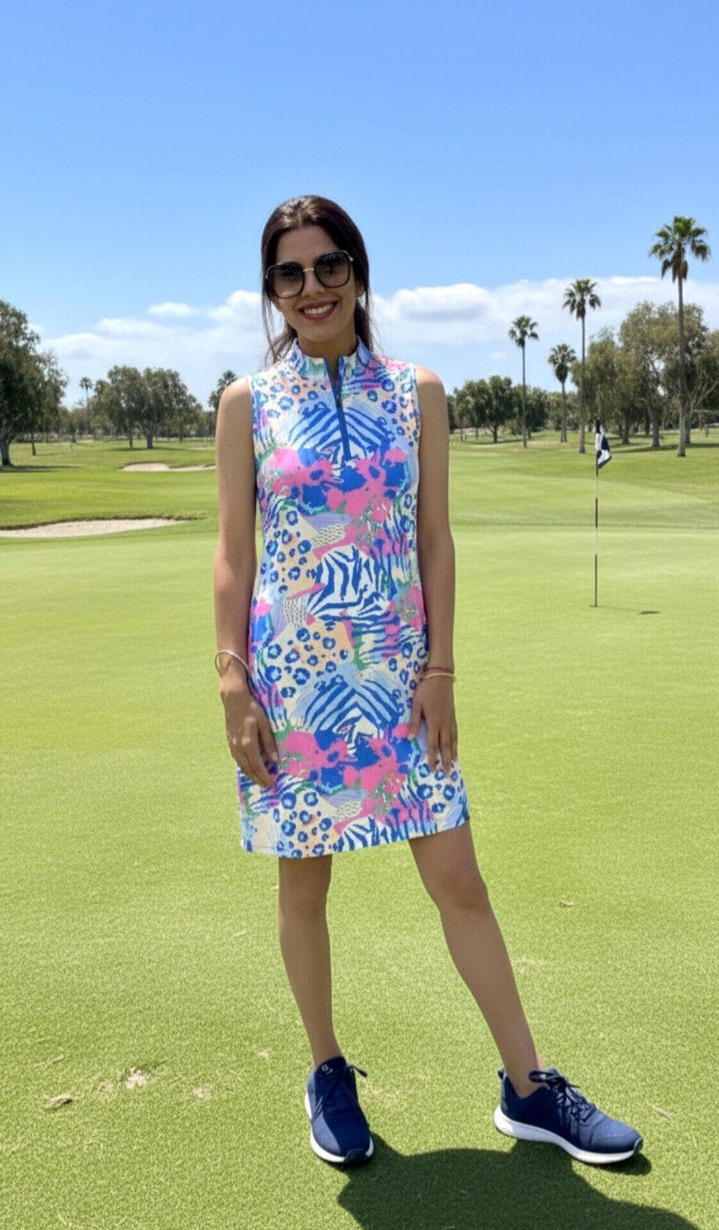 Tropcial Leopard Print 34.5" Stand-collar Sleeveless Dress with Shorts