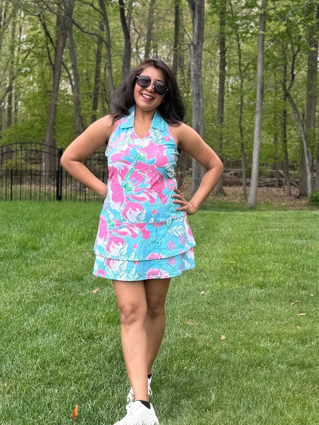 32" Pink Floral Racerback Sleeveless Polo Dress with Shorts
