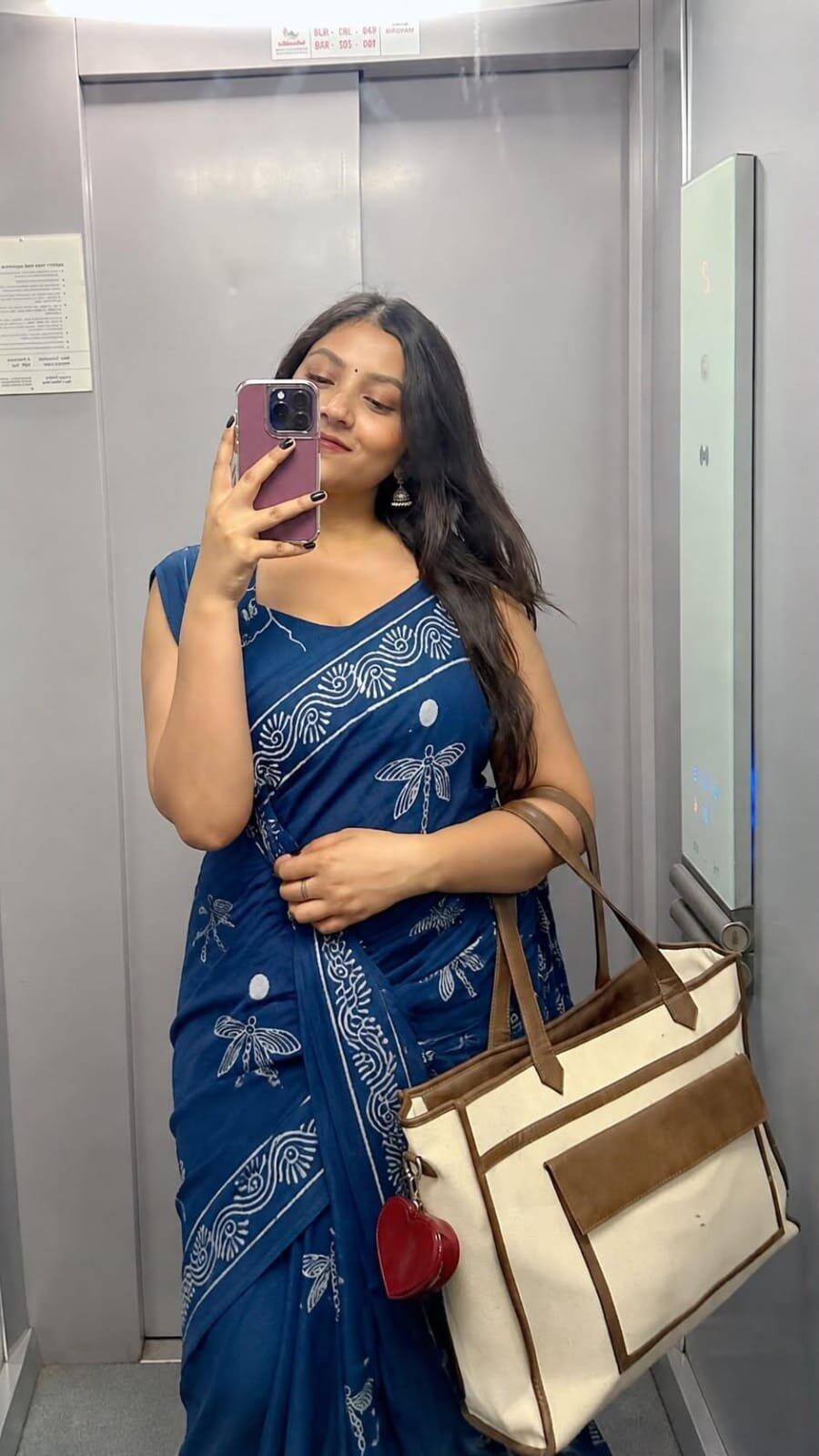 Indigo Dragonflies - Hand Block Mul Mul Cotton Saree