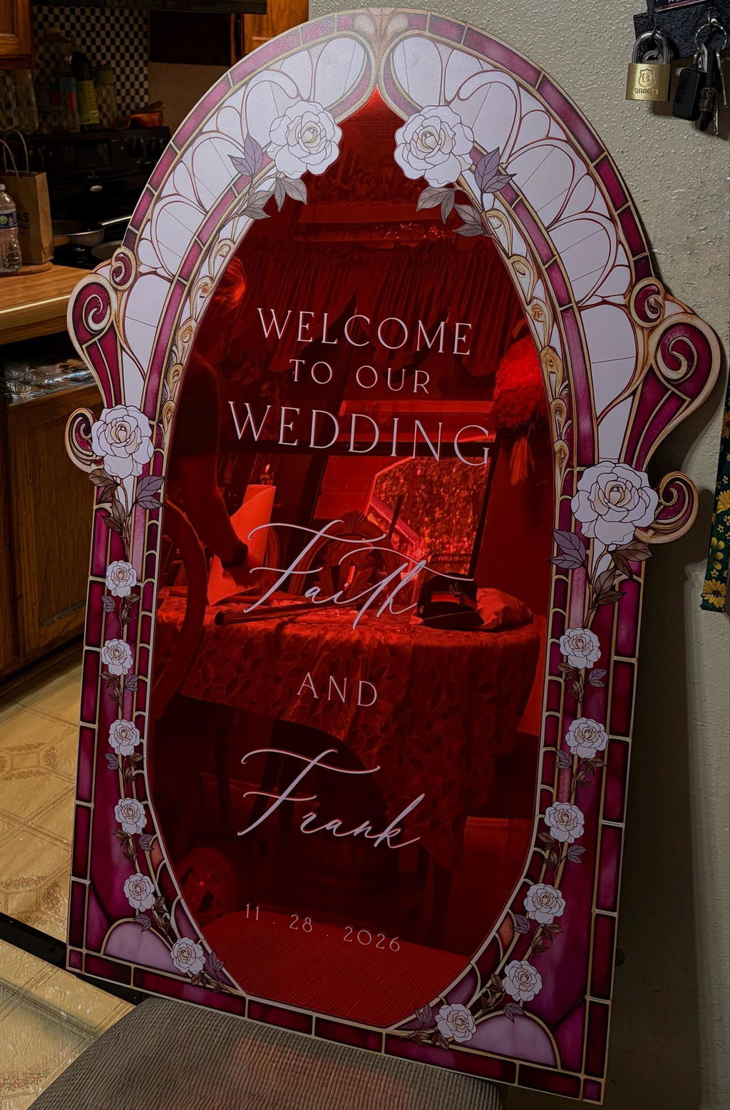 Burgundy Red Stained Glass Wedding Sign — White Rose Art Nouveau Arch