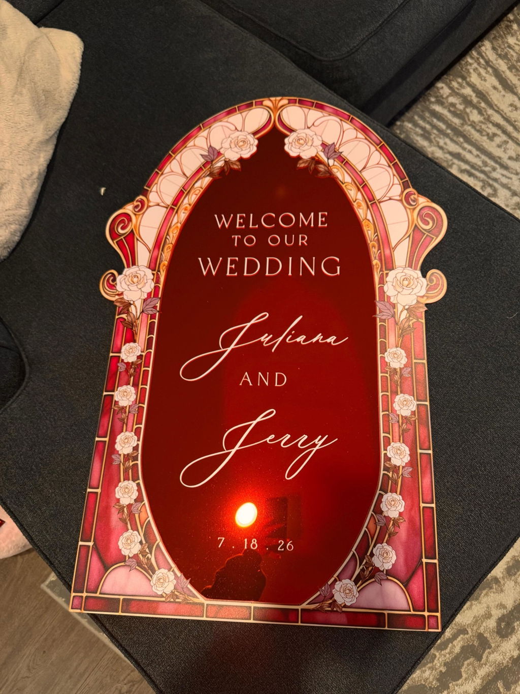 Burgundy Red Stained Glass Wedding Sign — White Rose Art Nouveau Arch