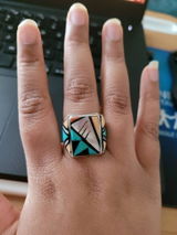 Zuni ring turquoise coral mop inlay sterling silver women men
