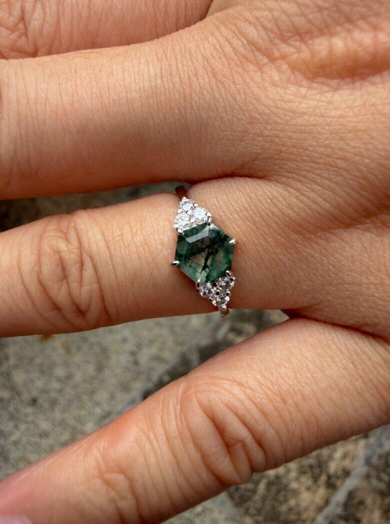 Sylvie’s Hexagon | Moss Agate Three Stone Cluster Engagement Ring