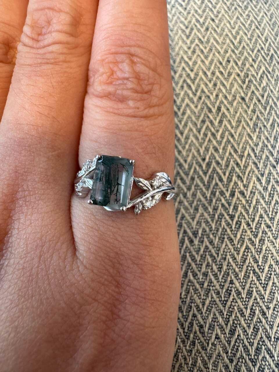 Celandine’s Lattice | Emerald Cut Moss Agate Leafy Engagement Ring