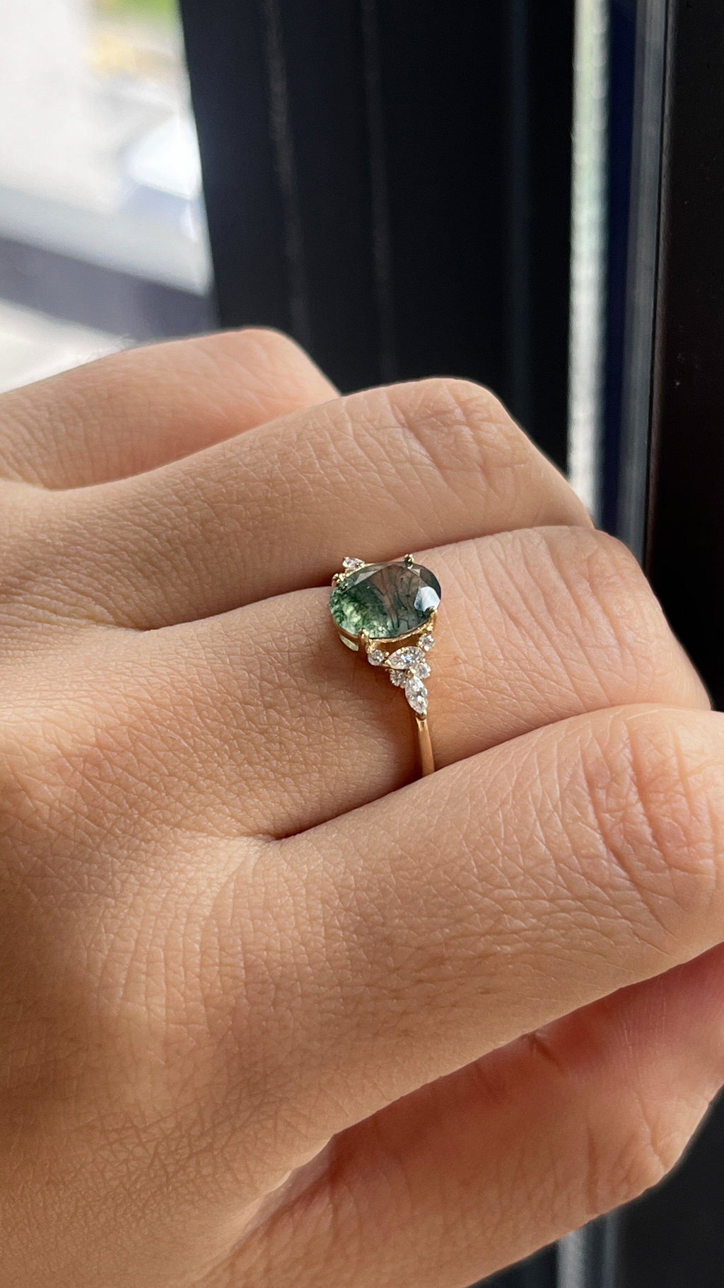 Sylvie’s Dew | Classic Oval Moss Agate Engagement Ring with Diamond Accents