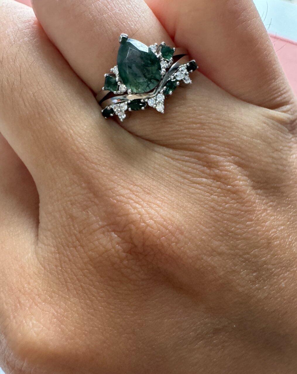 Sylvie’s Vine | Pear Cut Moss Agate Engagement Ring Set 2pcs