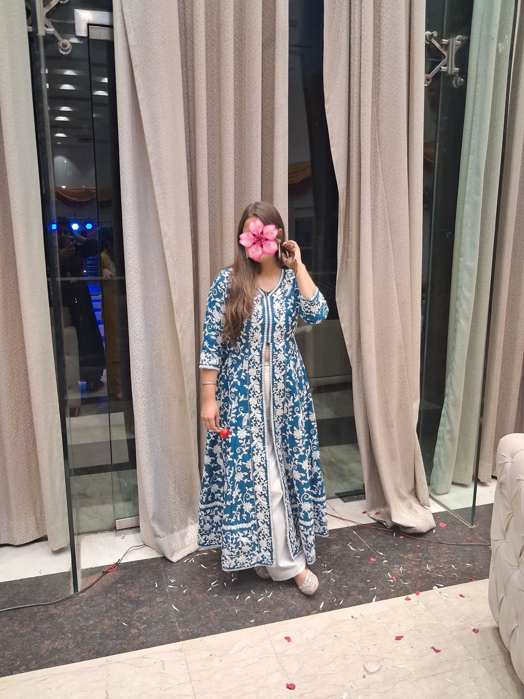 Greenish Blue Heavy Embroidered Magic Cotton Shrug with Palazzo Set