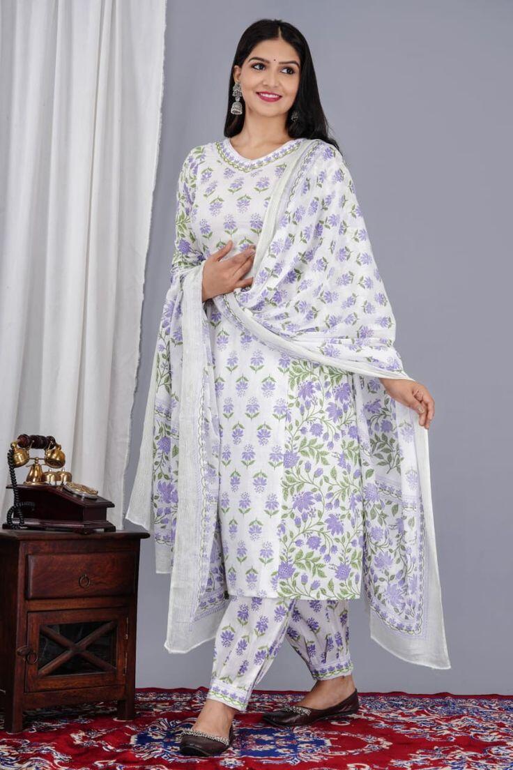 Floral Afghani Cotton Suit Set with Dupatta & Tassel Detailing