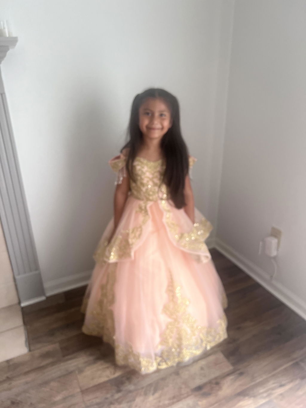 SunnyPetal Luxury Gold Appliqué Off-Shoulder Flower Girl Dress with Crystal Tassel Bow