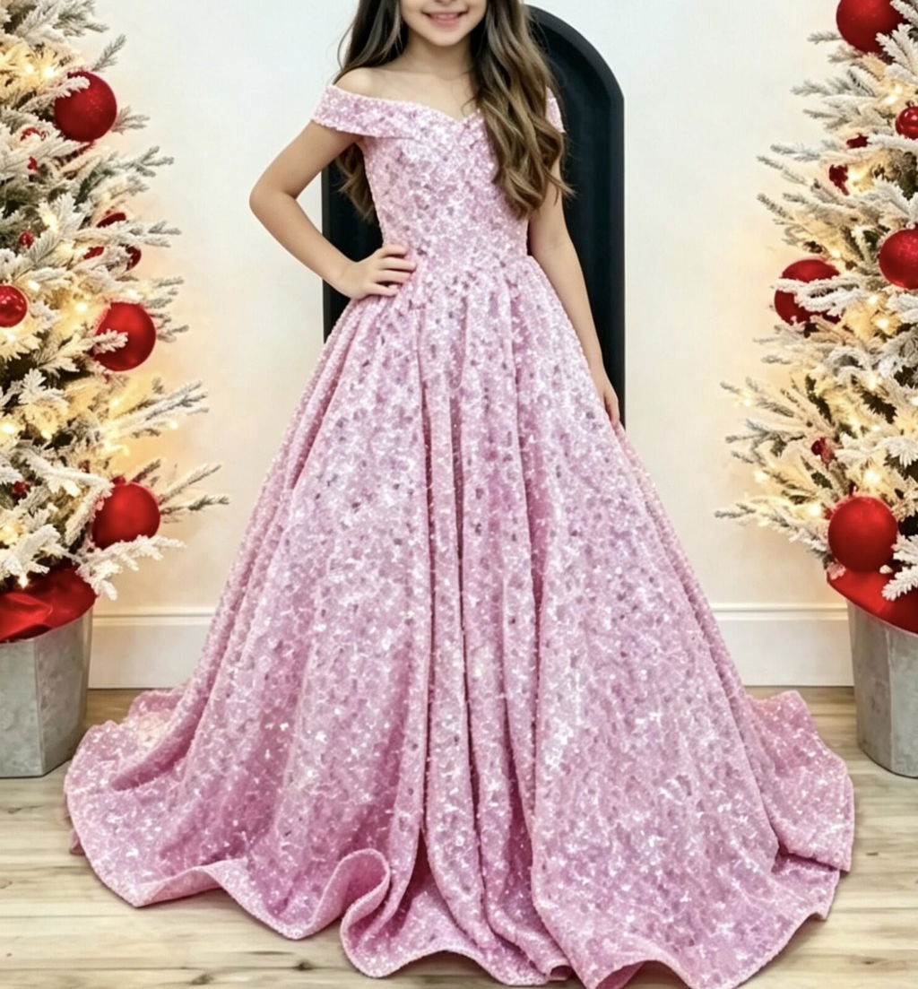 Sunnypetal Sparkly Sequin Pageant Dresses Off Shoulder Flower Girl Dress Kids Wedding Ball Gown