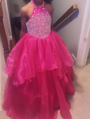 Sunnypetal Sparkling High Neck Ball Gown Flower Girl Dress with Beaded Bodice