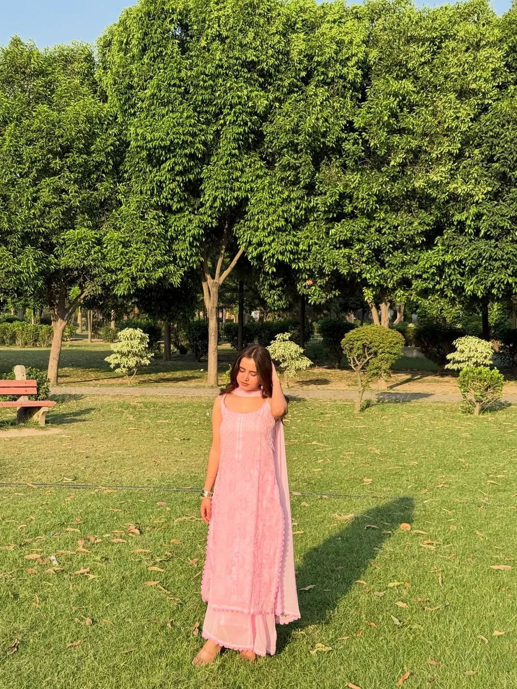 Pink Strappy Viscose Georgette Chikankari Kurta Palazzo Dupatta Set