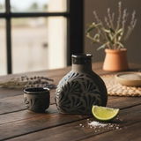 Hand Painted Mexican Engobe Liquor Decanter “Mezcalera”, Charcoal & Black Cielito Lindo