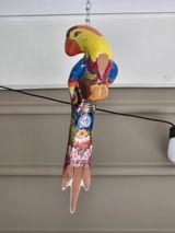 Hand Painted Mexican Talavera Hanging Parrot with Chain Decor, Yellow & Plum Pink Head