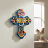 Hand Painted Mexican Talavera Wall Cross, Medium, Cerulean Rim