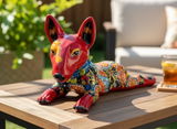 Hand Painted Mexican Talavera Bull Terrier Folkart Figure, Red Multicolor