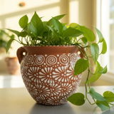 Hand Painted Mexican Talavera Planter Pot with Handles, Tabletop Large, Brown & White, Cielito Lindo