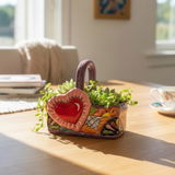 Hand Painted Mexican Talavera Heart Basket Planter Pot, Purple