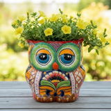 Hand Painted Mexican Talavera Four-Eyed Folkart Owl Planter Pot, Red Multicolor