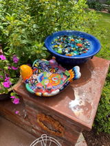 Hand Painted Mexican Talavera Tabletop Birdbath, Golden Yellow Multicolor