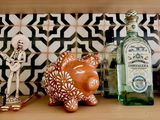 Hand Painted Mexican Talavera Piggy Bank Decor, Brown & White, Cielito Lindo (No Stopper)
