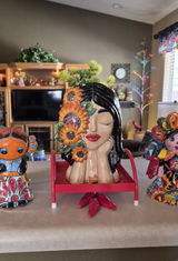 Hand Painted Mexican Talavera Head Bust Planter Pot, Sunflowers