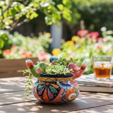 Hand Painted Mexican Talavera 3-Bird Planter Pot, Cobalt Blue Rim