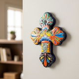 Hand Painted Mexican Talavera Wall Cross, Small, Cobalt Rim, Cielito Lindo Arms