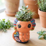 Hand Painted Mexican Talavera Axolotl Folkart Planter Pot, Mini, Coral (Varying Design)