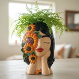 Hand Painted Mexican Talavera Head Bust Planter Pot, Sunflowers