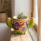 Hand Painted Mexican Talavera Cactus Planter Pot, Lime Green, Multicolor