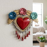 Hand-Cut Mexican Tin Heart Wall Decor, Floral Crest & Dangling Tassles, Red