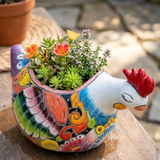 Hand Painted Mexican Talavera Sleeping Chicken Rooster Planter Pot, White