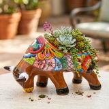 Hand Painted Mexican Talavera Folkart Charging Bull Planter Pot, Chestnut Brown, Multicolor