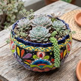 Hand Painted Mexican Talavera Round Scalloped Planter Pot, Cobalt Blue Rim, Sunflowers