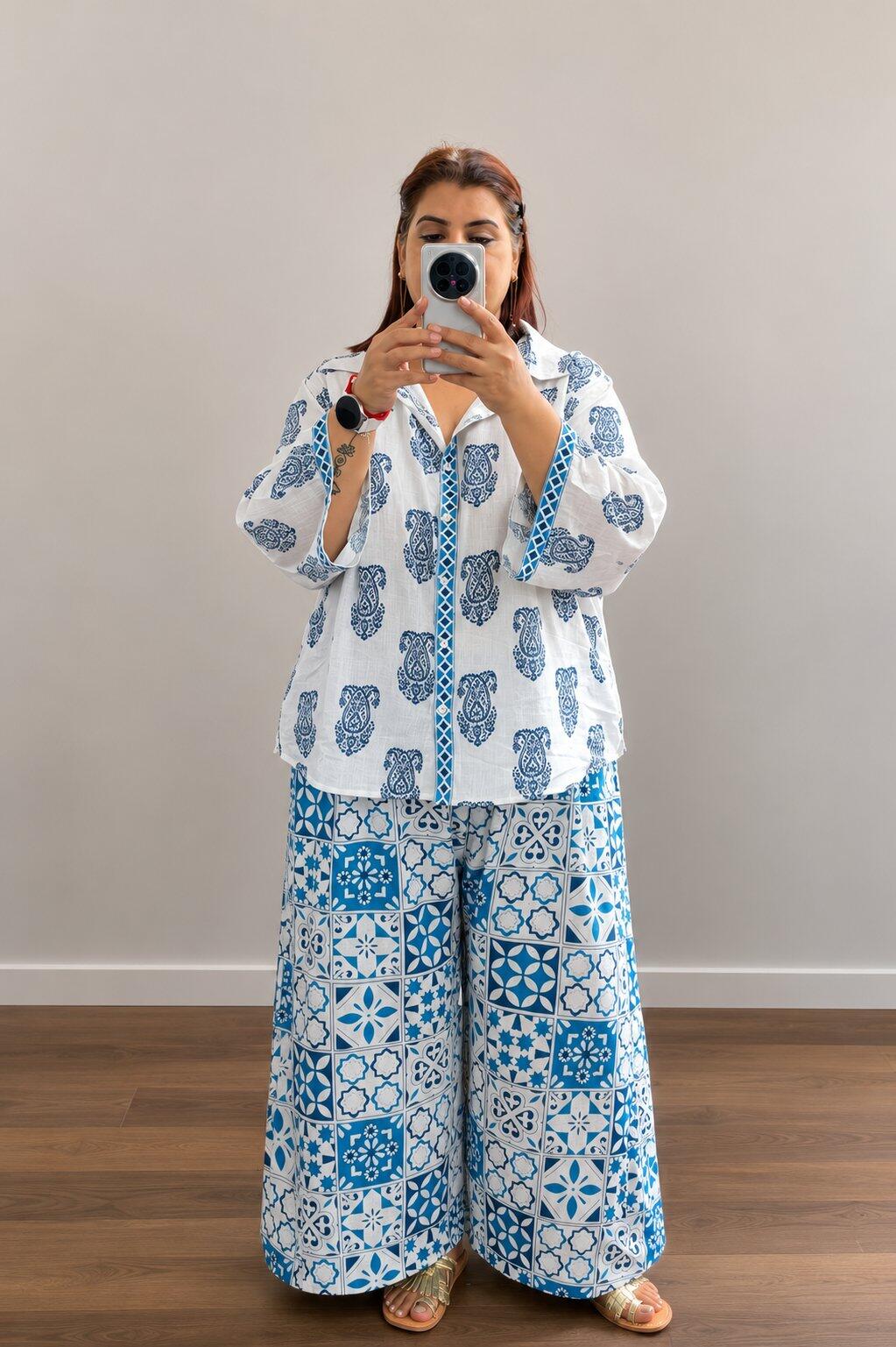 Blue Paisley & Tile Printed Cotton Co-ord Set